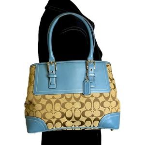❌SOLD❌Coach Signature Brown C Monogram Canvas & Teal Leather Trim Hand Bag